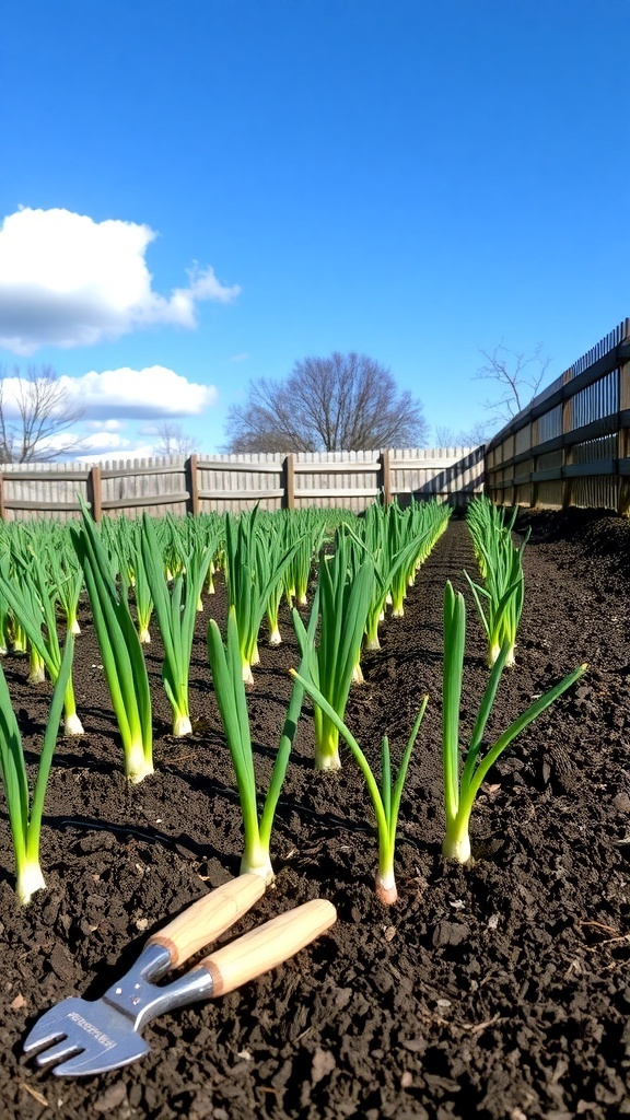 Onion Planting Guide for Zone 4 Rows of green onions growing in a garden bed under a clear sky.